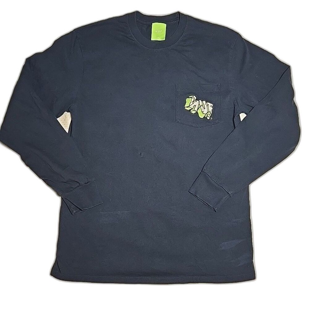 HUF Embroidered Logo Pocket Black Long Sleeve Med T Shirt Y2K Streetwear Skater